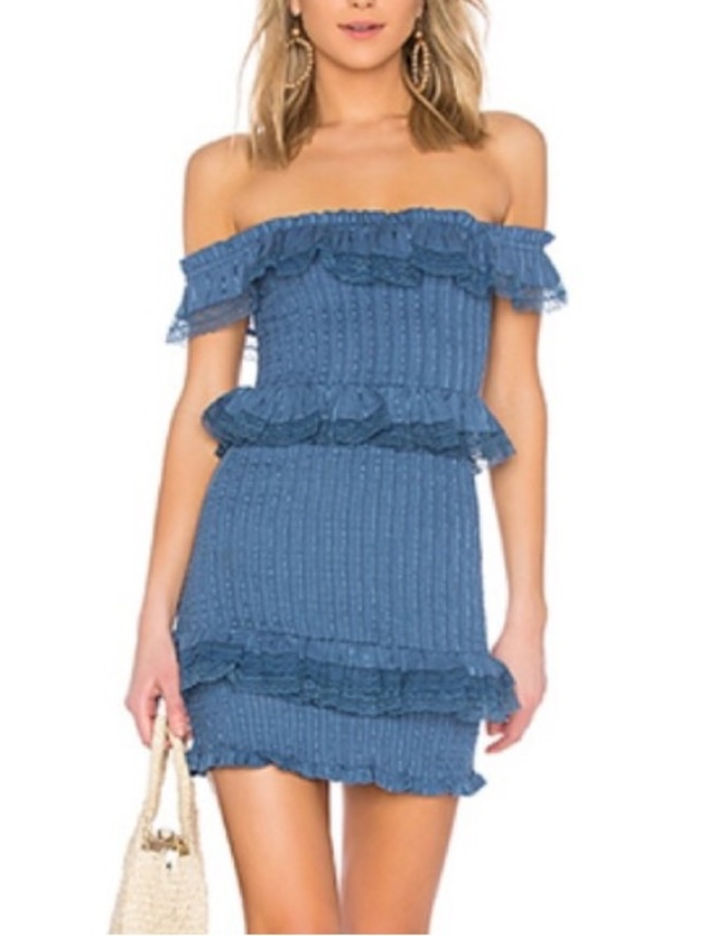 Tularosa Teri Smocked Mini Dress Horizon Blue Off Shoulder Ruffle Revolve Medium